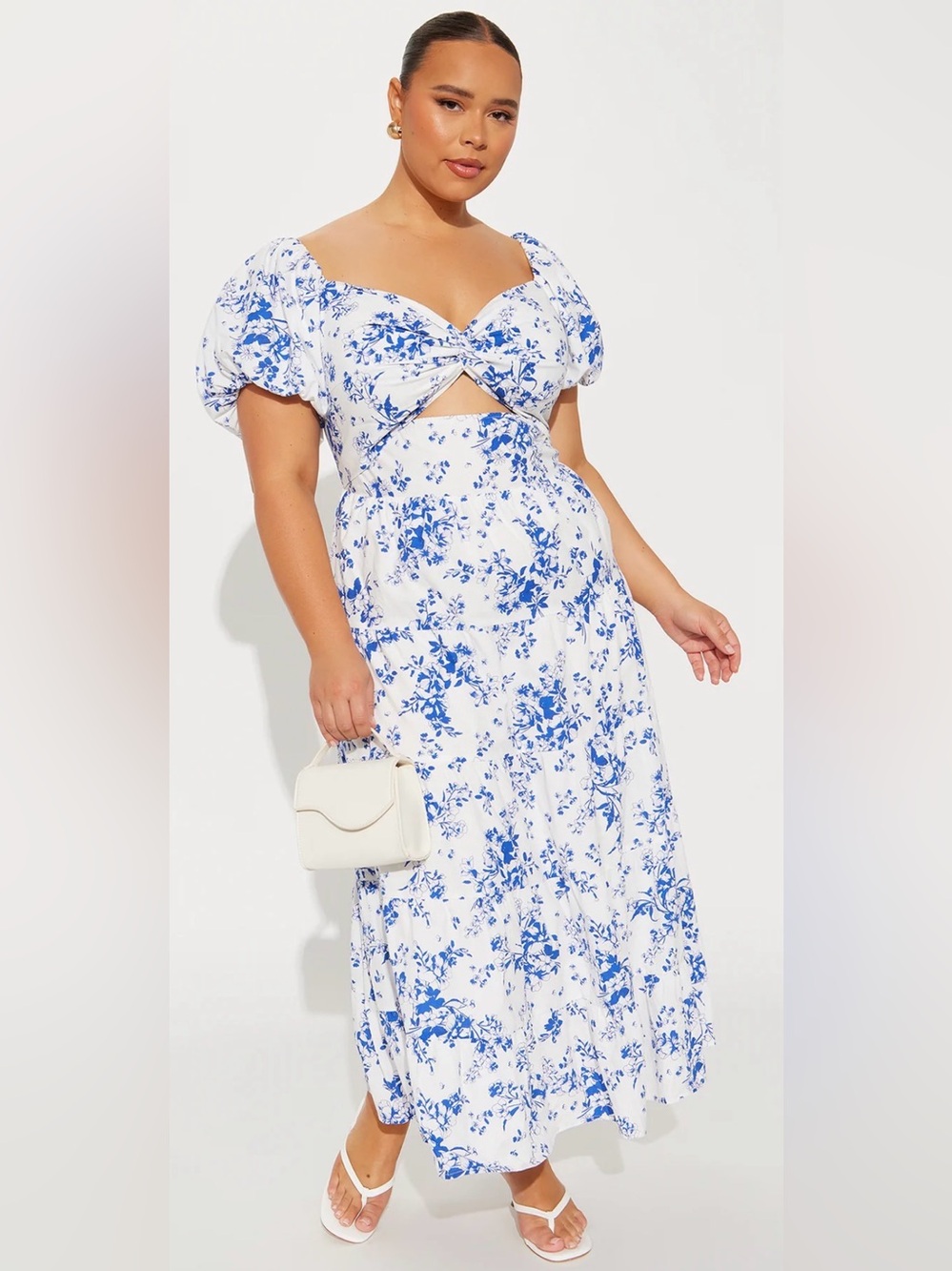 White & Blue Floral Dress - Women's Elegant Summer Dress